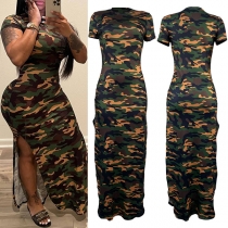 Street Fashion Camouflage Printed Round Neck Short Sleeve Slit Maxi Dress