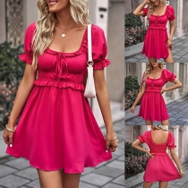 Fashion Solid Color Ruffled Square Neck Short Sleeve Mini Dress