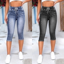 Street Fashion Old-washed Elastic Drawstring Denim Shorts