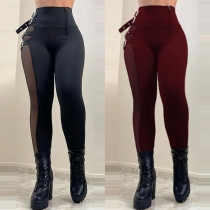 Sexy Semi-through Gauze Splice Buckle High-rise Skinny Pants