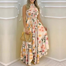 Fashion Floral Printed Halterneck Sleeveless Maxi Dress