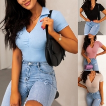 Fashion Solid Color Stand Collar Ruched V-neck Short Sleeve Shirt