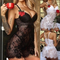 Sexy Rose Embroidered V-neck Lace-up Backless Semi-through Lace Nightwear Dress