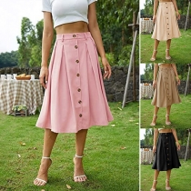 Fashion Solid Color Buttoned Pleated Skirt