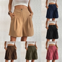 Casual Solid Color High-rise Buttoned Shorts