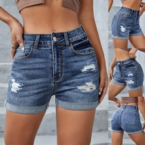 Street Fashion Old-washed Distressed Denim Shorts