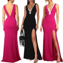 Sexy Bling-bling Rhinestone Plunge V-neck Sleeveless Backless High Slit Party Dress