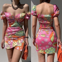 Fashion Floral Print Sweetheart Neck Short Sleeve Irregular Hemline Dress