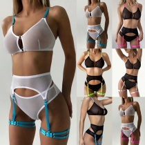 Sexy Semi-through Contrast Color Three-piece Lingerie Set