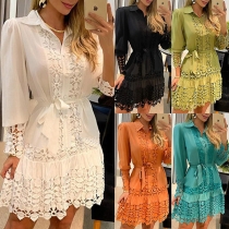 Street Fashion Lace Spliced Stand Collar Buttoned Self-tie Tiered Dress