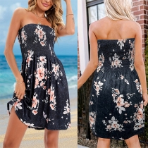 Fashion Floral Printed Smocked Strapless Mini Dress