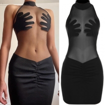 Sexy Semi-through Gauze Spliced Hands Pattern Ruched Bodycon Dress