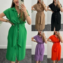 Fashion Solid Color Stand Collar Short Sleeve Buttoned Self-tie Shirt Dress