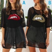 Casual Sequined Lip Patter Semi-through Cover-up Shirt