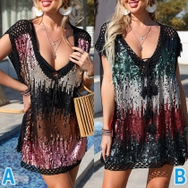 Sexy Hollowout Sequined V-neck Loose Cover-up Shirt