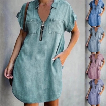 Casual Old-washed Half-zipper Short Sleeve Denim Dress