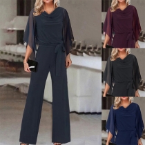 Elegant Draped Neck Elbow Sleeve Wide-leg Self-tie Jumpsuit