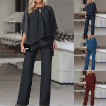 Fashion Solid Color Two-piece Set Consist of Batwing Sleeve Shirt and Straight Pants