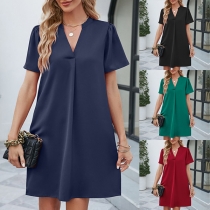 Casual Solid Color V-neck Short Sleeve Loose Dress