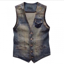 Street Fashion Old-washed V-neck Buttoned Sleeveless Denim Vest for Men