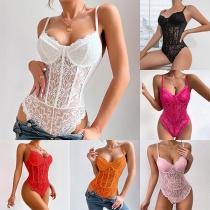 Sexy Semi-through Lace Spliced  Lingerie Bodysuit