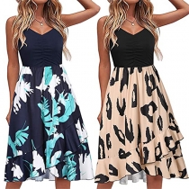 Fashion Printed V-neck Ruffled Slip Dress