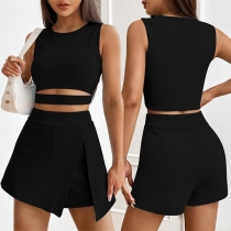 Fashion Black Two-piece Set Consist of Cut Out Crop Top and Skort