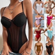 Sexy Semi-through Gauze Spliced Cami Bodysuit