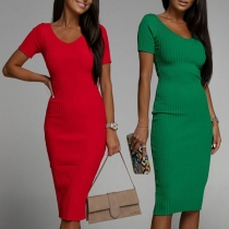 Elegant Solid Color V-neck Short Sleeve Ribbed Bodycon Dress