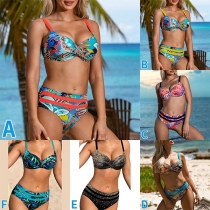 Vintage Floral Printed Two-piece Bikini Set Consist of Push-up Swimming Top and High-rise Swimming Bottom
