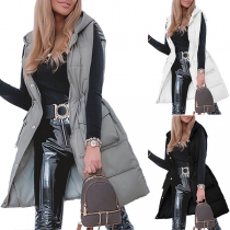 Street Fashion Solid Color Quilted Sleeveless Hoodied Longline Jacket