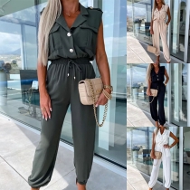 Fashion Solid Color Lapel Buttoned Drawstring Jumpsuit