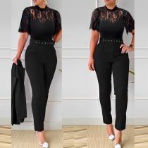Fashion Two-piece Set Consist of Lace Spliced Shirt and Pants with Belt
