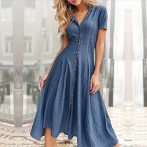 Street Fashion Stand Collar Buttoned V-neck Short Sleeve Denim Dress
