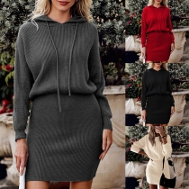 Fashion Solid Color Long Sleeve Drawstring Hooded Knitted Sweater Dress