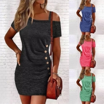 Casual Solid Color Open Neck Short Sleeve Buttoned Mini Dress