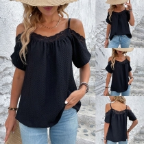 Fashion Solid Color Lace Spliced Open-shoulder Cami Shirt