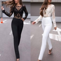 Street Fashion Lace Spliced Round Neck Long Sleeve Jumpsuit