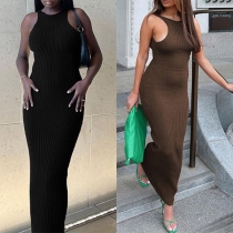 Street Fashion Solid Color Round Neck Sleeveless Bodycon Ribbed Midi Dress