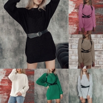 Fashion Solid Color Round Neck Long Sleeve Sweater Dress (Without Belt)
