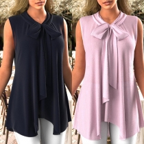 Casual Solid Color Bowknot Round Neck Sleeveless Shirt