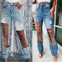 Street Fashion Heavy Distreeted Chain Old-washed Straight Cut Denim Jeans