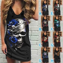 Punk Fashion Skull Printed V-neck Sleeveless Dress