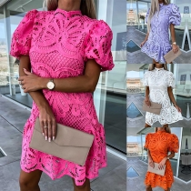 Fashion Floral Crochet Mock Neck Short Sleeve Lace Dress