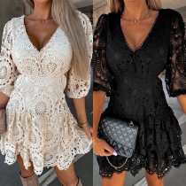 Fashion Solid Color Floral Crochet V-neck Short Sleeve Lace Dress