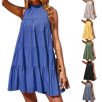 Fashion Solid Color Mock Neck Tiered Mini Dress