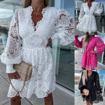 Street Fashion Floral Crochet V-neck Long Sleeve Lace Dress