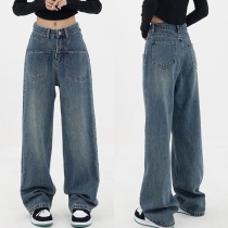 Street Fashion Old-washed High-rise Straight Cut Denim Jeans