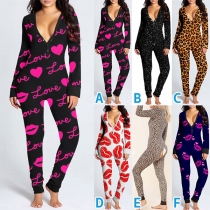 Stylish Heart Printed/Leopard Printed Buttoned V-neck  Buff Flap Pajamas Jumpsuit