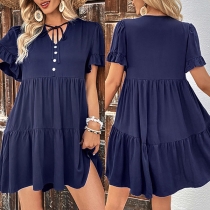 Fashion Solid Color Self-tie V-neck Buttoned Short Sleeve Tiered Dress